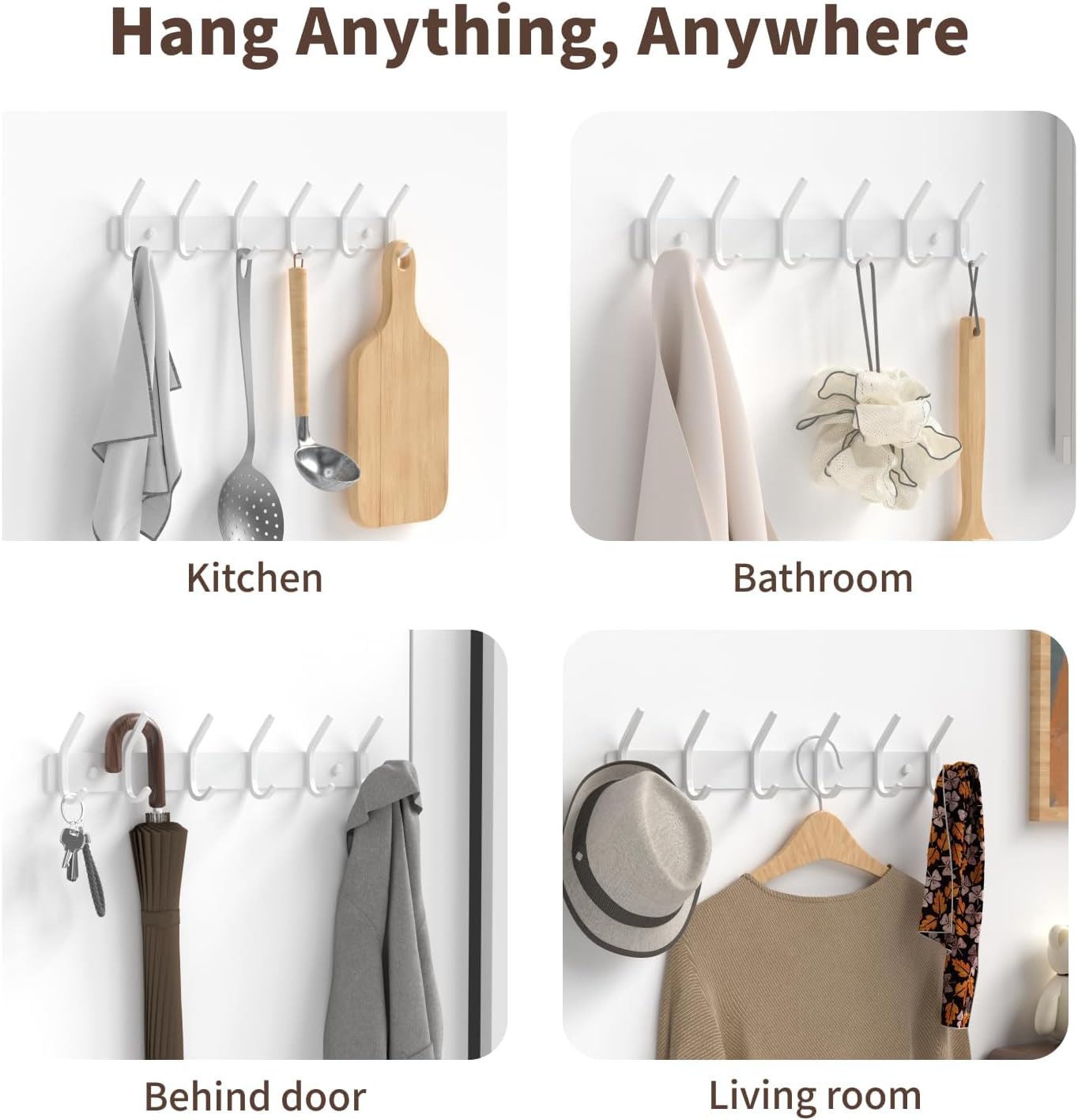 Coat Rack Wall Mount Hooks - 15 Inch Matte White Metal 6-Hook Organizer Wall Mounted, Modern Kids Room, Entryway &