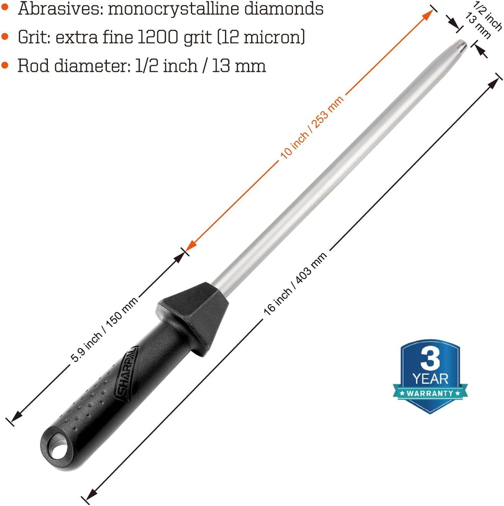 119N Diamond Sharpening Steel Professional Knife Sharpener | Solid Honing Rod Built-In Angle Guides, Sharpens &