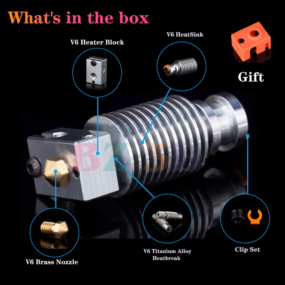 V6 All Metal Hotend,V6 Heater Block,Brass Nozzle 0.4,Titanium Alloy Heatbreak,HeatSink for V6 Hotend,Prusa i3 MK3S
