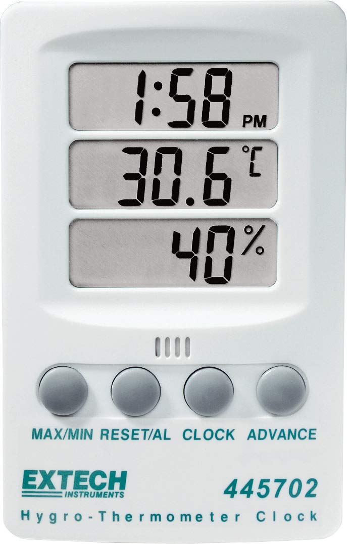 Extech 445702 Hygro-Thermometer Clock, Humidity, Temp, Triple LCD