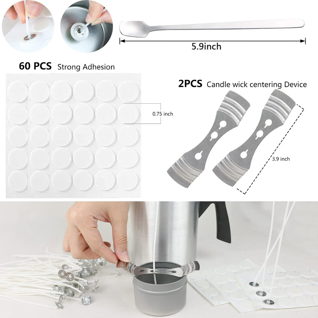 Candle Making Kit, 60pcs Candle Wicks, 60pcs Candle Wicks Sticker, 1pc Candle Wax Pouring Pot, 2pcs 3-Hole Wicks