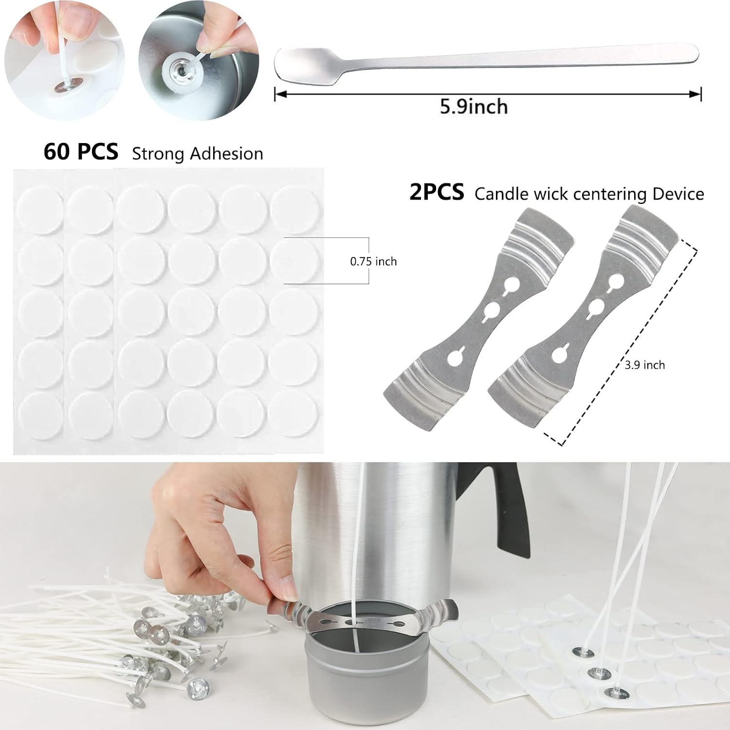 Candle Making Kit, 60pcs Candle Wicks, 60pcs Candle Wicks Sticker, 1pc Candle Wax Pouring Pot, 2pcs 3-Hole Wicks