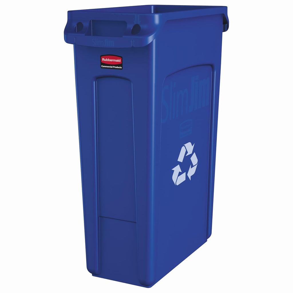 Slim Jim Plastic Rectangular Recycling Bin/Trash Can with Venting Channels 23 Gal Blue for