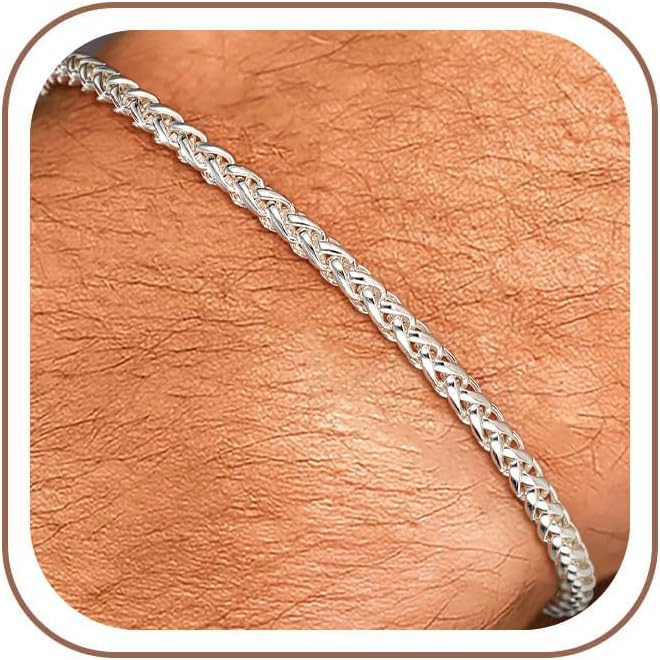 925 Sterling Silver Bracelet for Men, 3MM Wheat Chain Bracelets | 3MM Wheat Chain Bracelets 7/7.5/8/9 Inches, Diamond