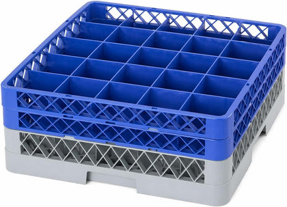 25-Compartment Glass Rack, Gray Full-Size with 2 Blue Extenders, Plastic, 19.25x19.25x7.25 Inches