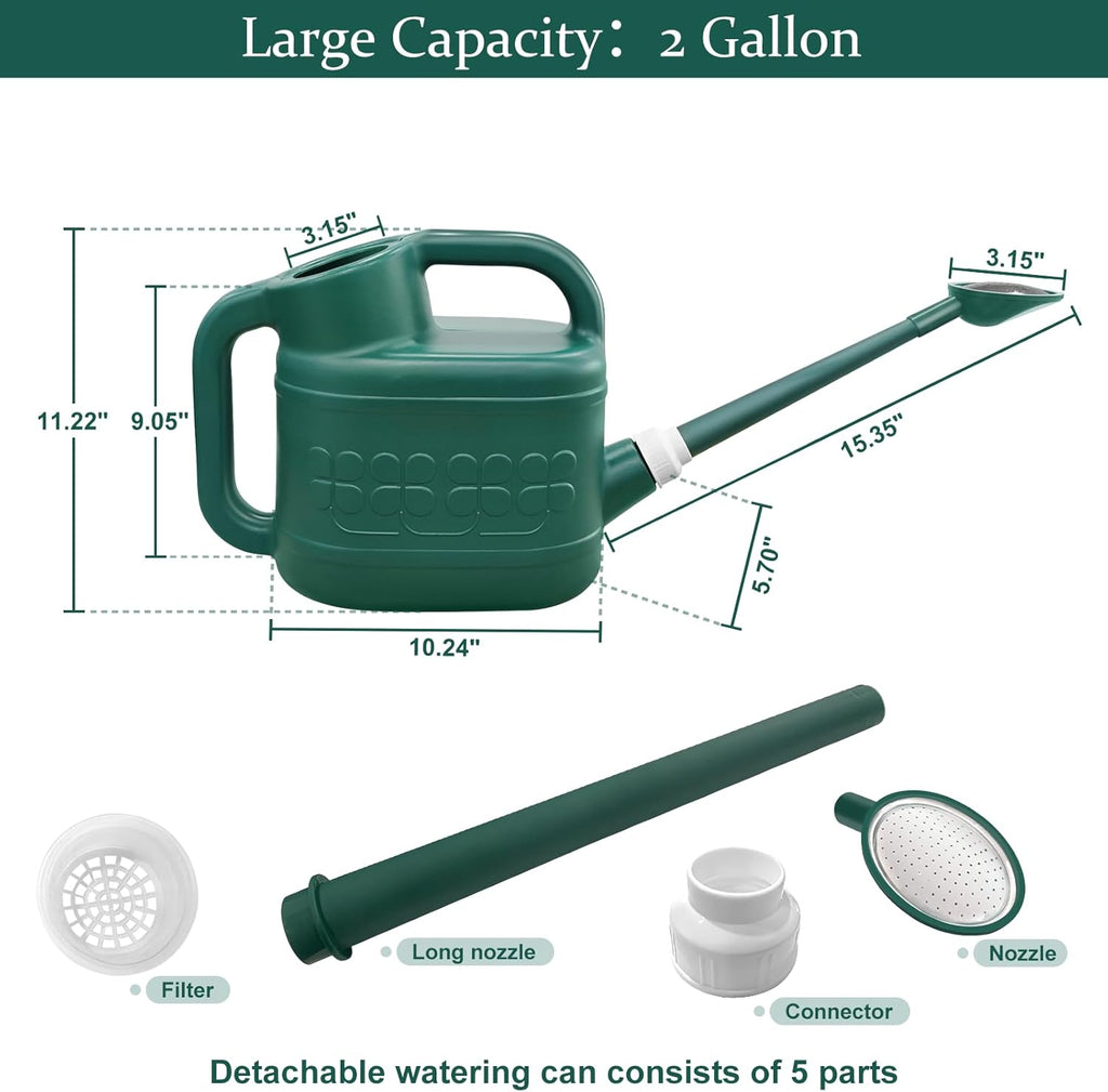 2 Gallon Watering Can, Garden Watering Can Outdoor, Plant Water Can with Removable Long Spout and Stainless Steel