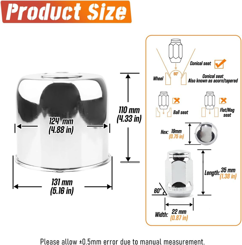 2-Pack Trailer Push Through Center Caps and Trailer Lug Sets - Fit 4.88-4.9in Wheel Center Caps Chrome Wheel Cover