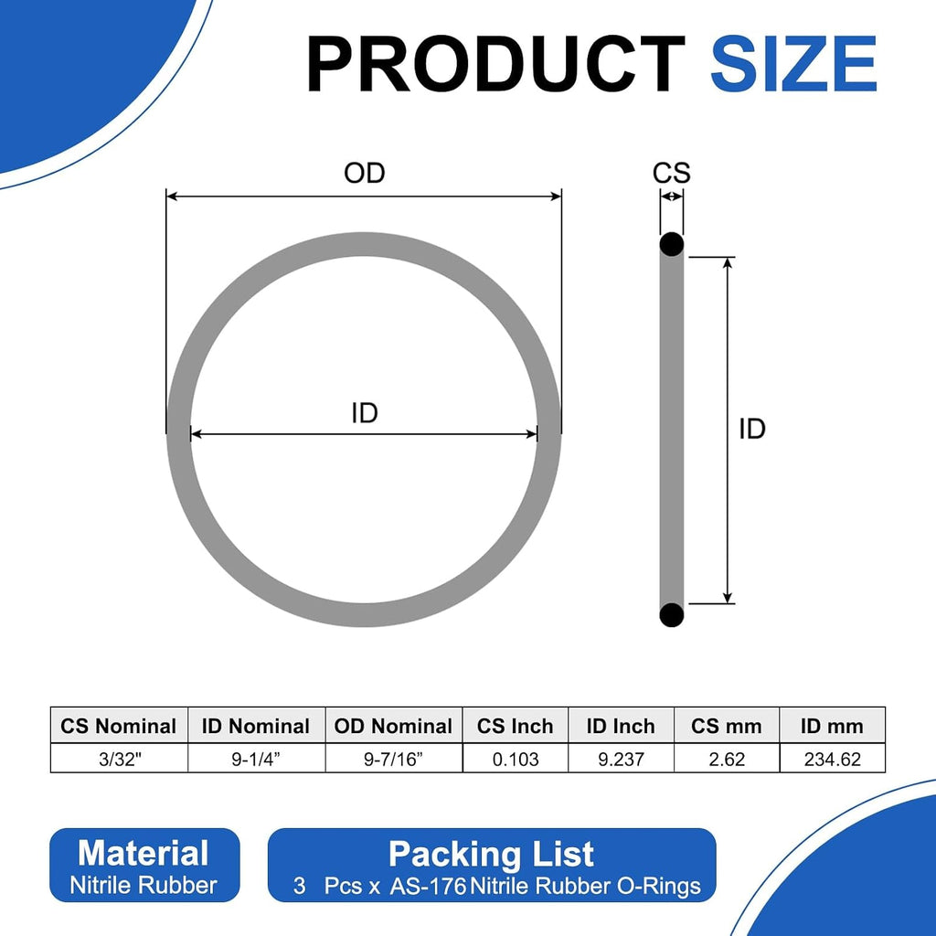 uxcell 3Pcs AS-176 Nitrile Rubber O-Rings 9-1/4" ID 9-7/16" OD Black
