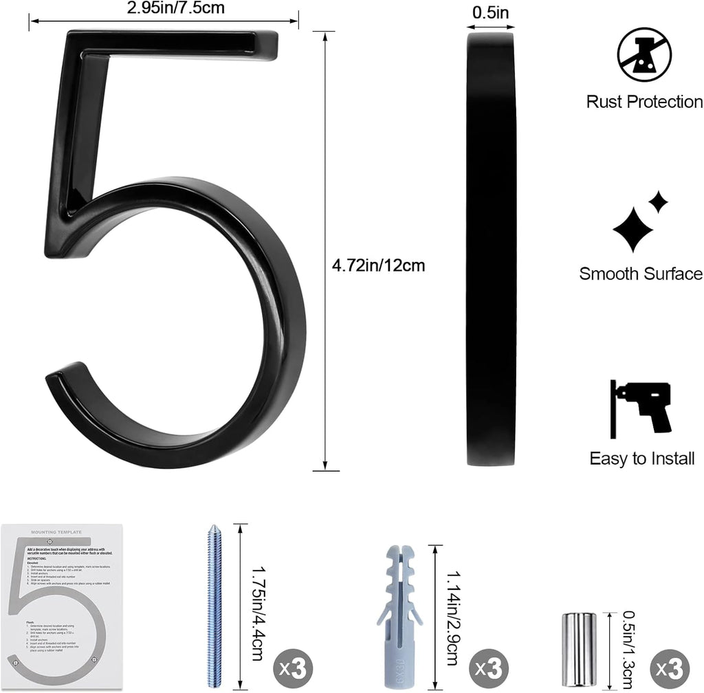 House Modern Numbers Floating, 5 Inch Black House Numbers for Outside Garden Door Mail Box Decor, with Nail Kit and
