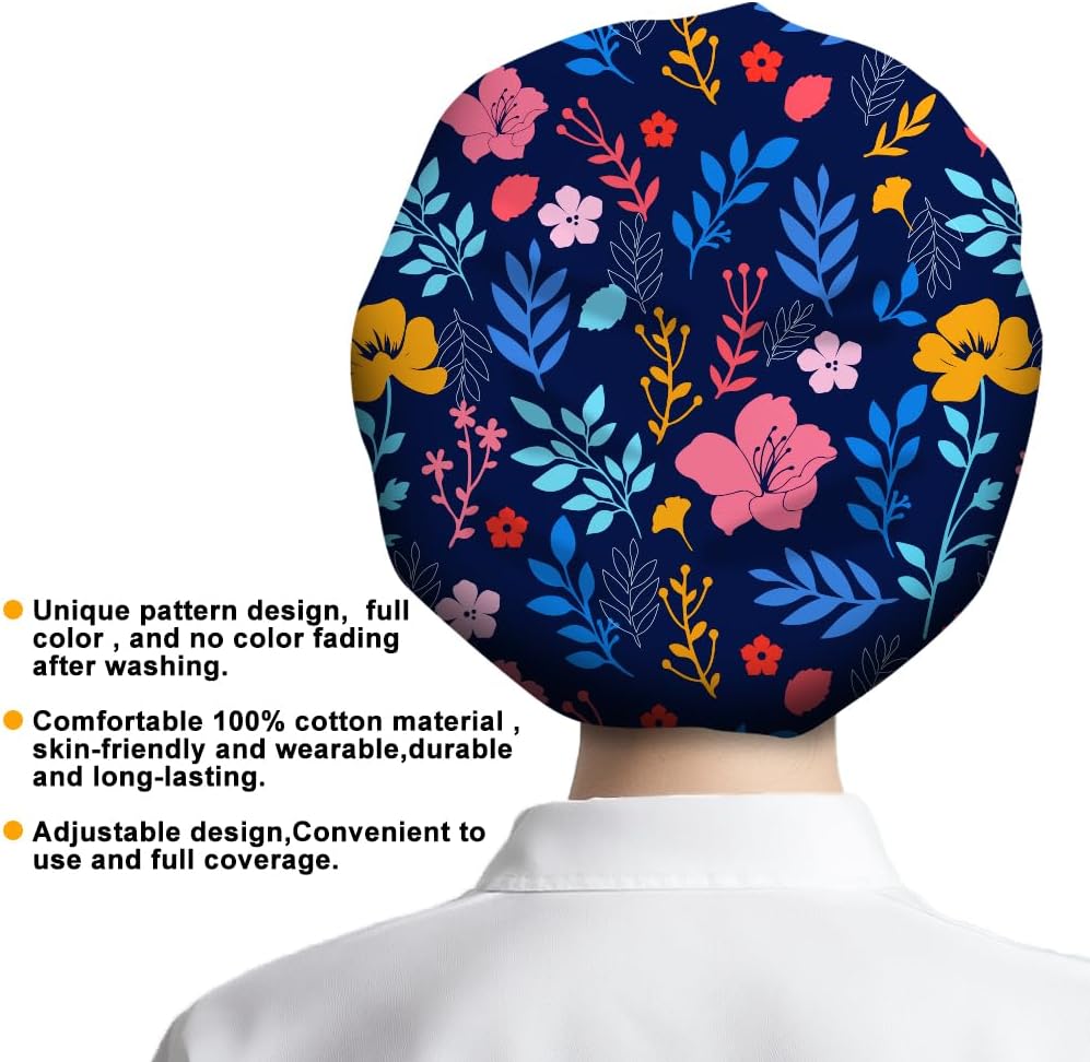 Bouffant Scrub Caps Cotton Nurse Scrub Hats with Button Sweatband Adjustable Surgical Caps for Unisex Cooking