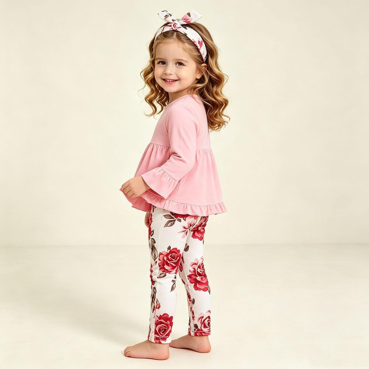 Baby Girl Pink Ruffle Tunic Top and Floral Bell Bottom Pants Set with