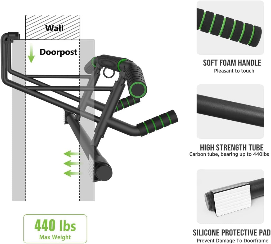 New Upgrade Pull Up Bar for Doorway - Foldable Design & Space-Saving, Upto 440 Lbs Capacity, No Screwing or Slipping