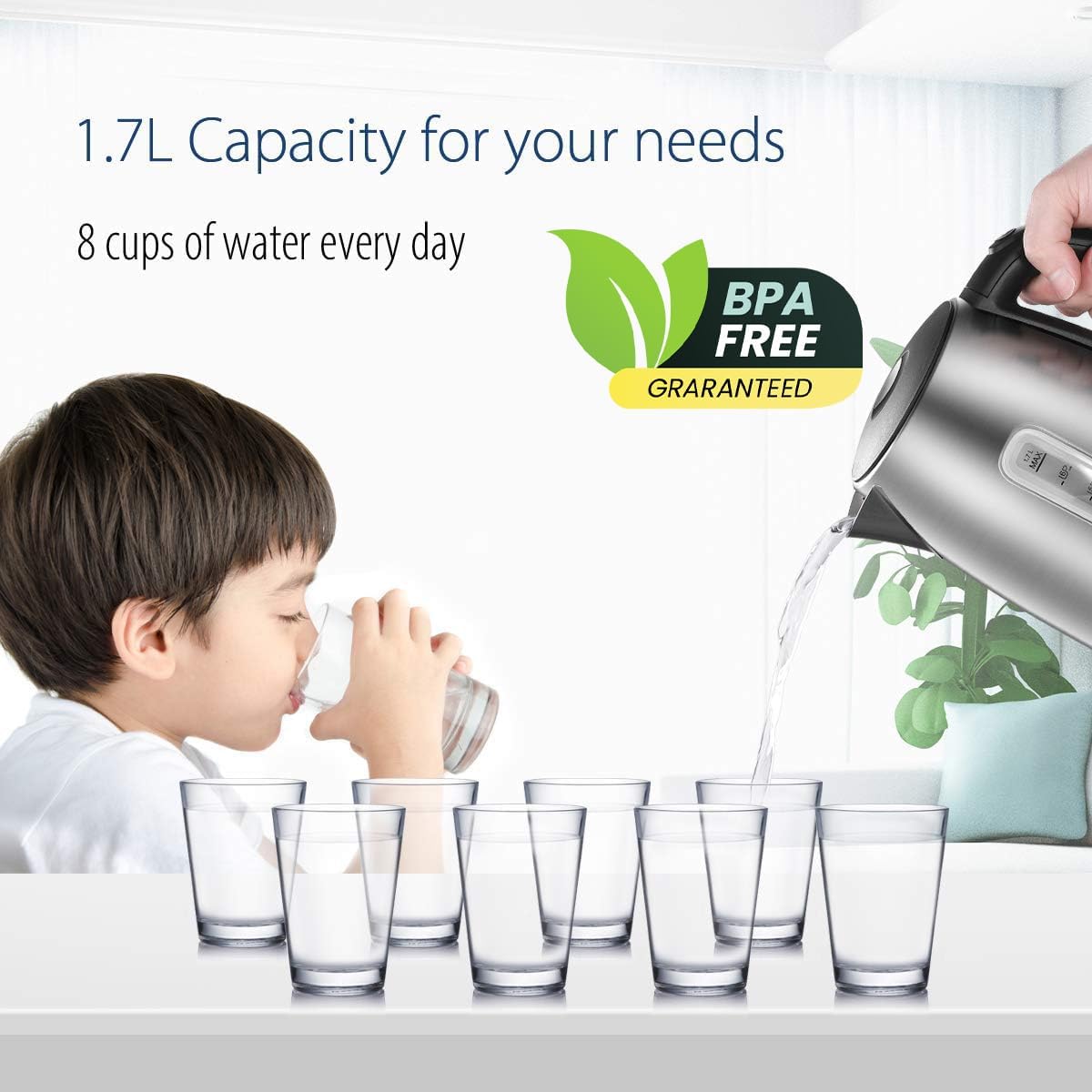 Stainless Steel Electric Kettle, 1.7 Liter Tea Kettle Electric & Hot Water Kettle, 1500W Fast Boil with LED Light