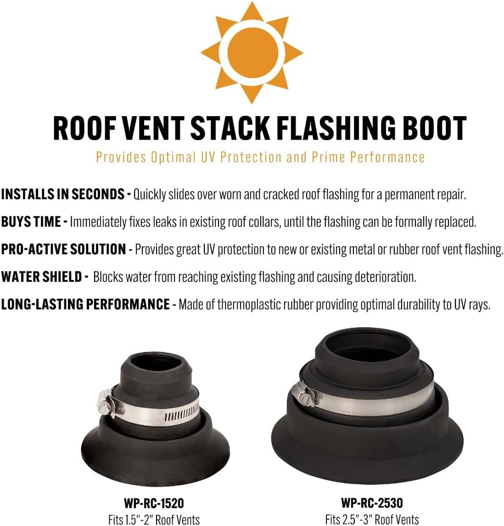 Roof Pipe Flashing Collar Repair Boot for 2.5″–3″ Vent Pipes — Thermoplastic Rubber Roof Vent Boot with Stainless