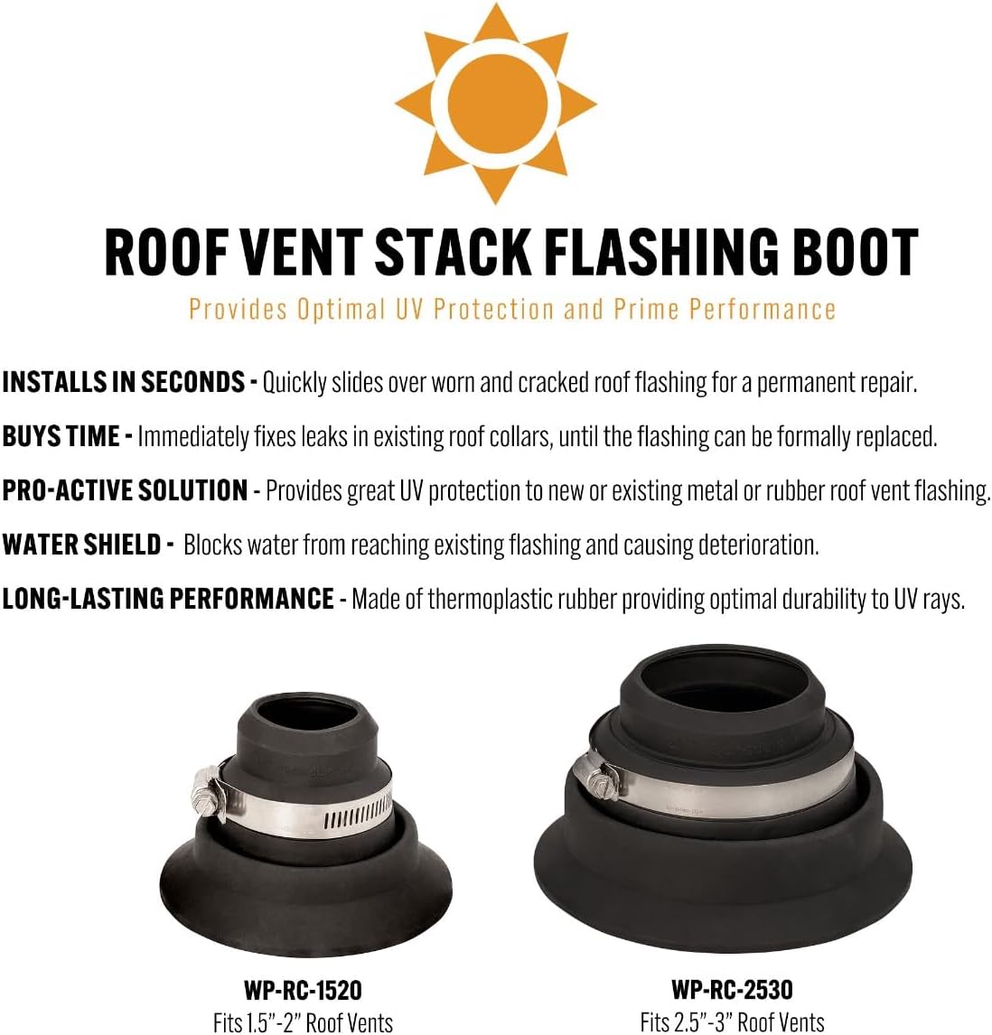Roof Pipe Flashing Collar Repair Boot for 2.5″–3″ Vent Pipes — Thermoplastic Rubber Roof Vent Boot with Stainless