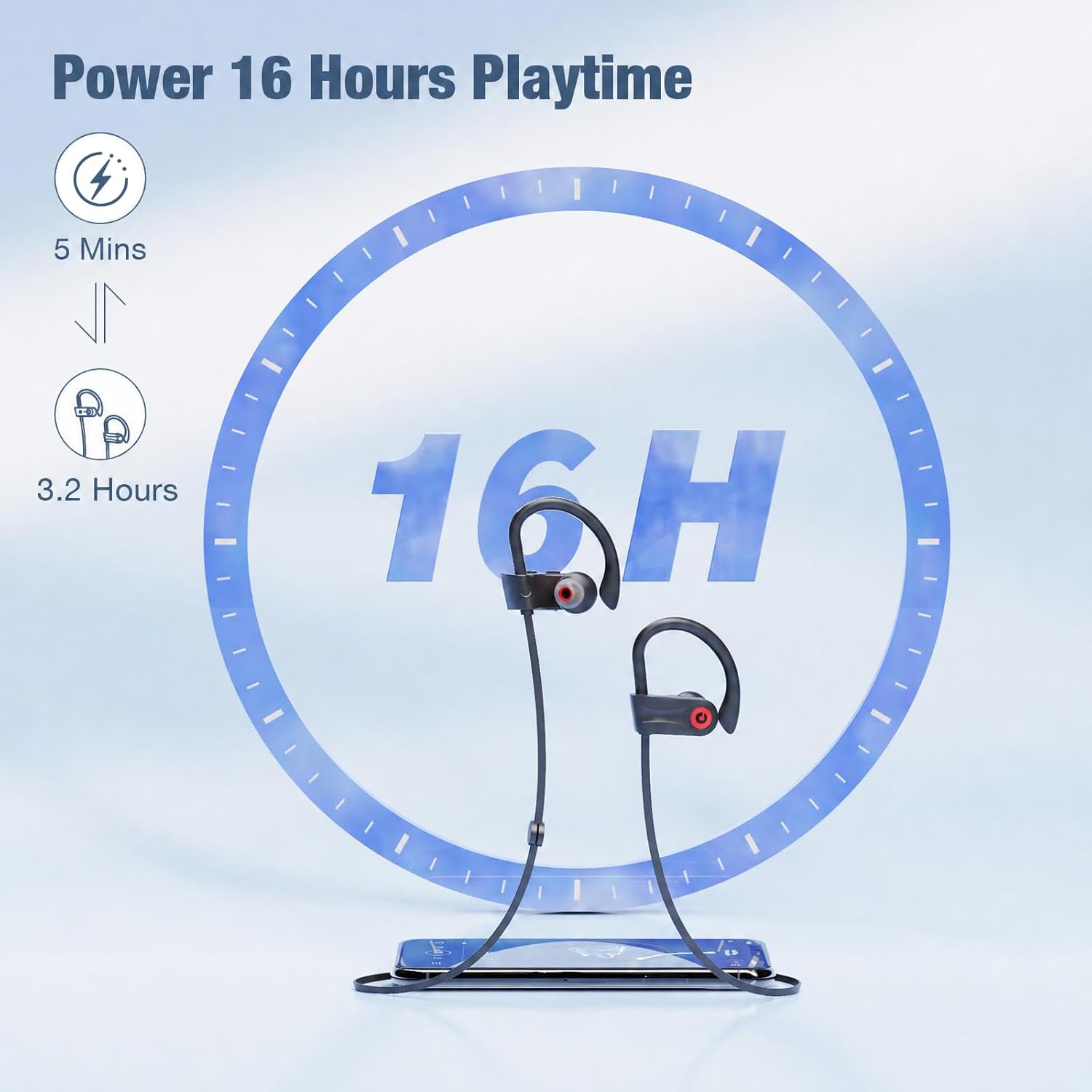 Bluetooth Headphones, Wireless Headphones with 16 Hours Playtime Bluetooth 5.3 Wireless Earbuds HD Stereo Sound IPX7