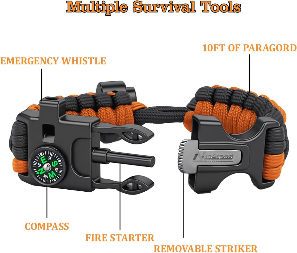 Paracord Survival Bracelet (3 Pack) - Adjustable with Fire Starter, Whistle, Compass - Survival Gear for Hiking