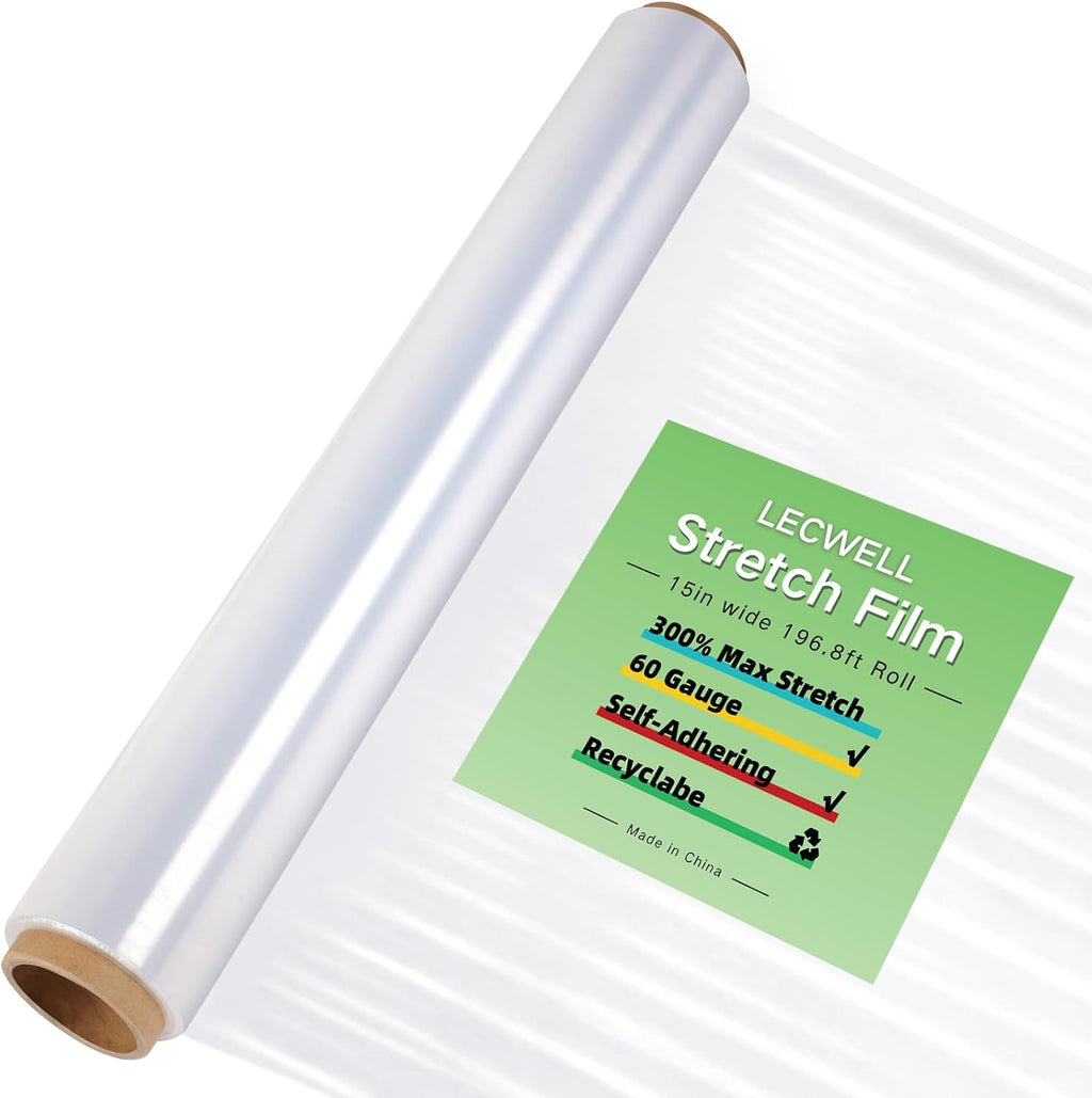 Stretch Film Roll,15IN Wide 196.8FT Long-60 Gauge Shrink Wrap Film,Self-Adhering Plastic Wrap Roll for Pallet Wrap