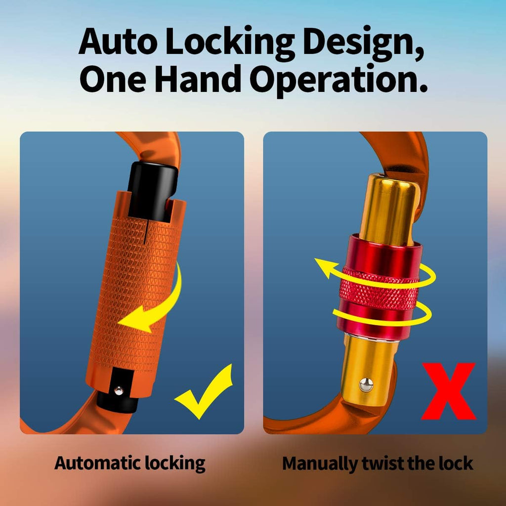 Auto Locking Rock Climbing Carabiner Clips, UIAA Certified Professional 25KN (5620 lbs) Heavy Duty Caribeaners for
