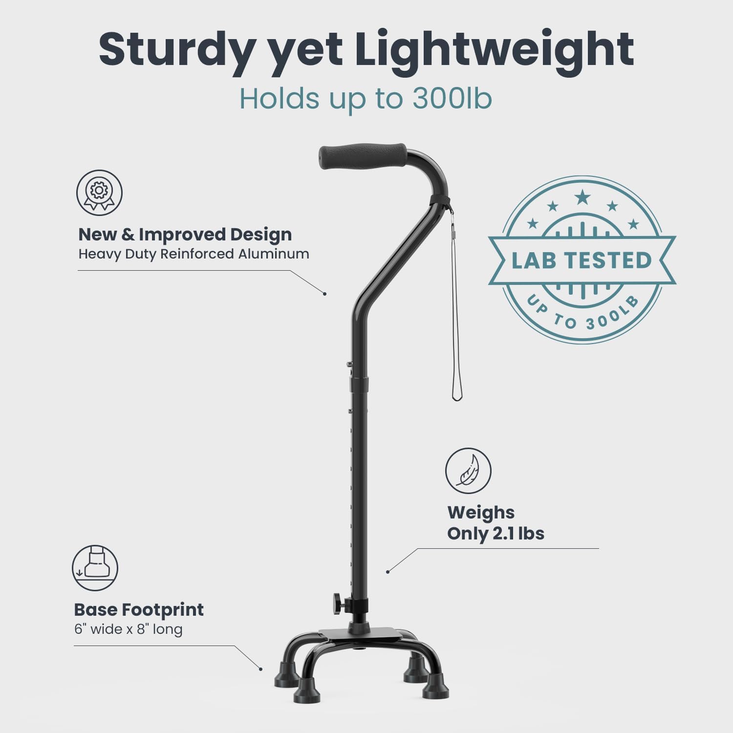 Quad Cane (300 lb) - Adjustable Walking Cane with A Large 4 Pronged Base for Extra Balance & Stability, Walking Canes