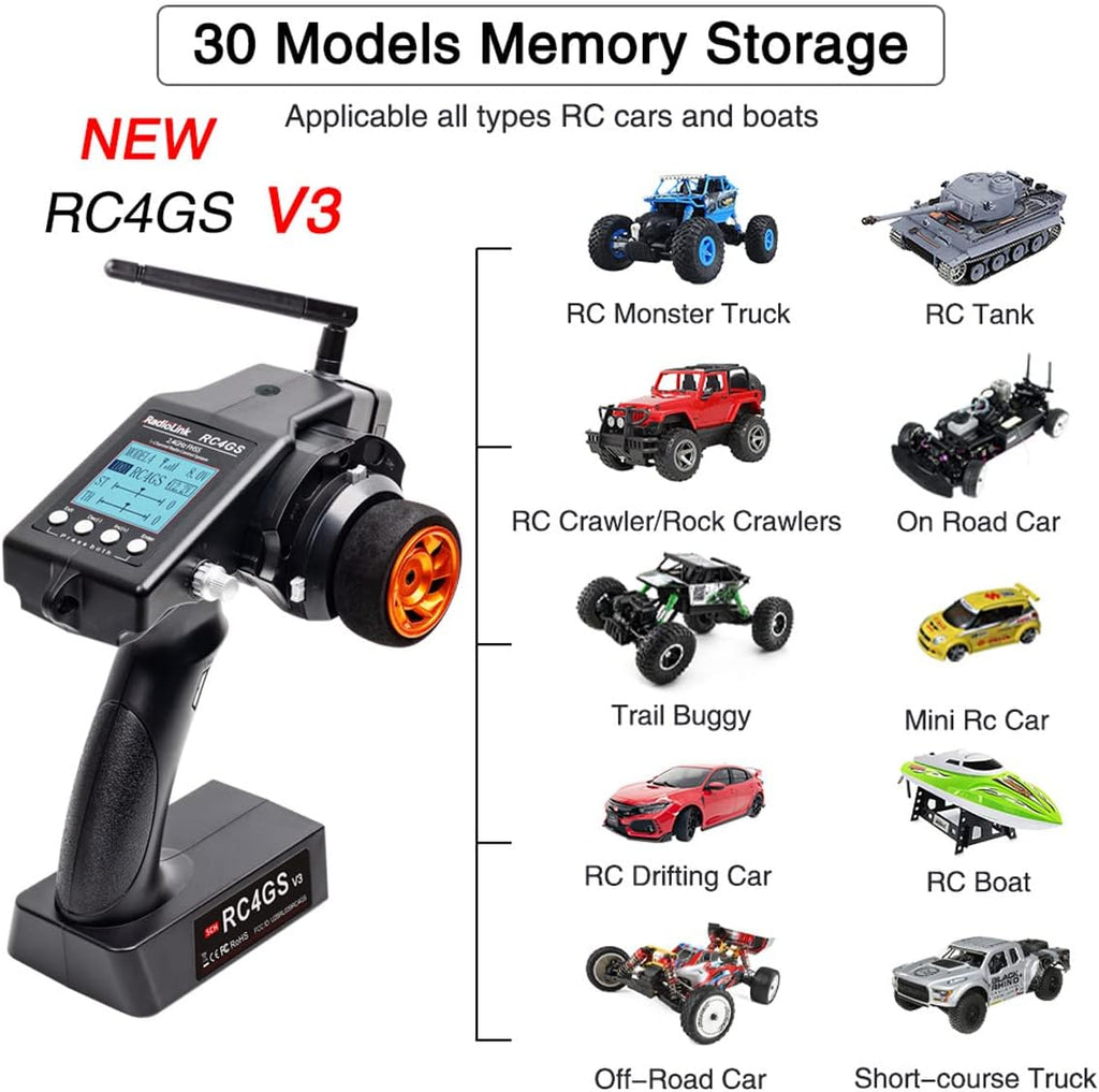 RC4GS V3 5CH RC Transmitter & Receiver R6FG for Cars, Boats Radiolink | 5 Channels 2.4GHz Gyro Receiver | 30 Models