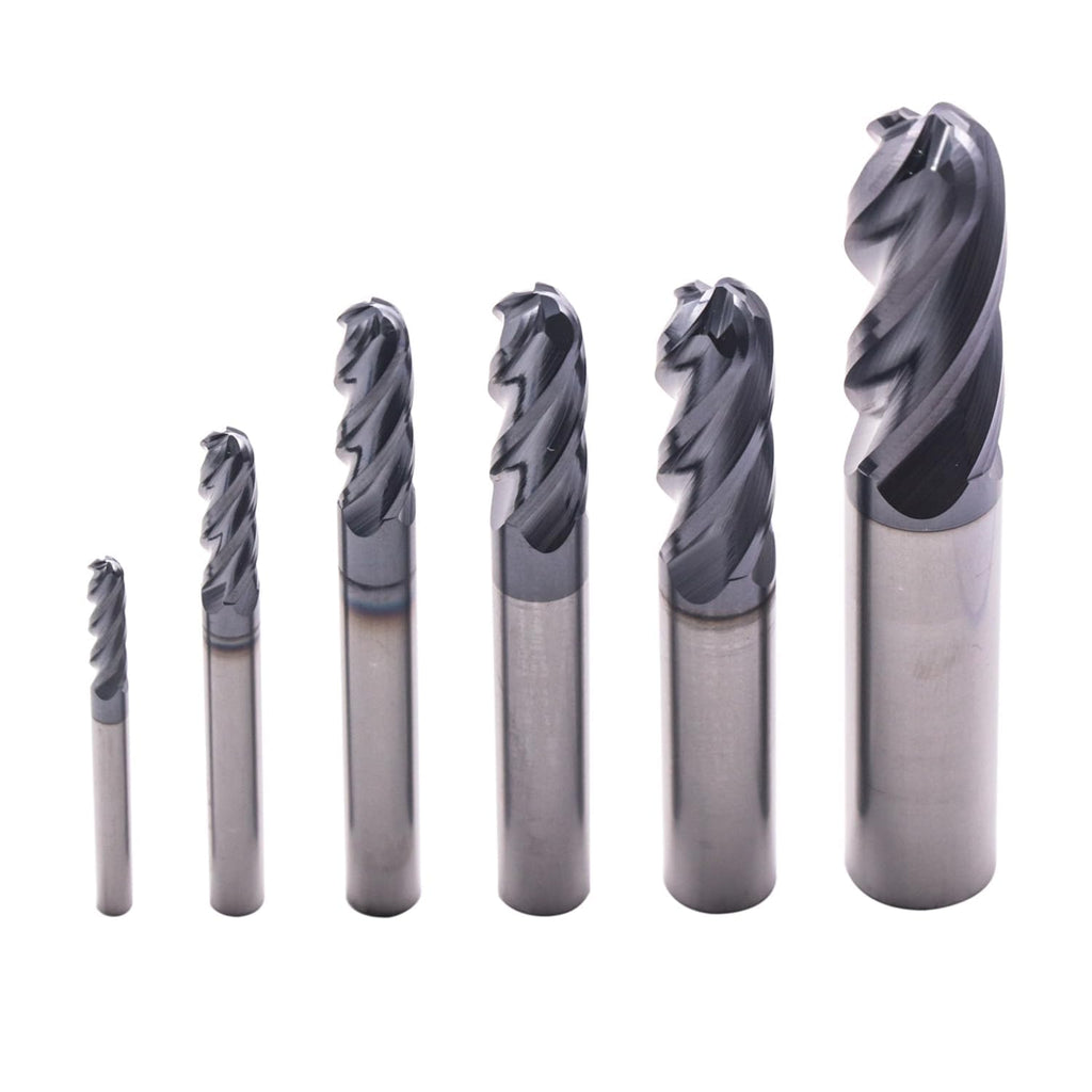 6Pcs 1/8"-1/2" 4 Flute Solid Carbide Ball Nose End Mills Set - AlTiN Coated