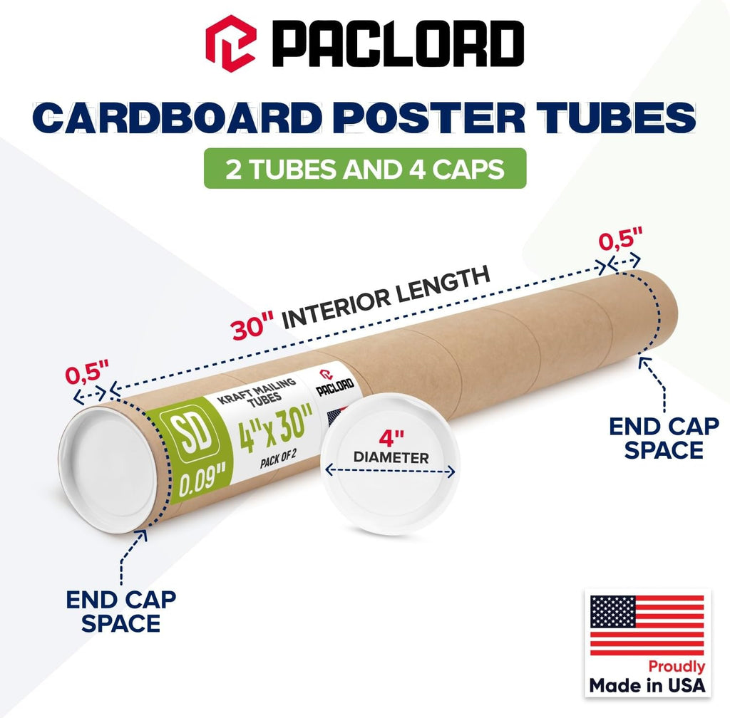 4" x 30" Made in USA Kraft Paper Mailing Tube, 2 Tubes, 4 Caps