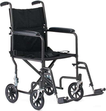 Dr Dunley Folding Transport Wheelchair with Swing-Away Footrests,19" Wide Padded Seat, Full-Length Armrests