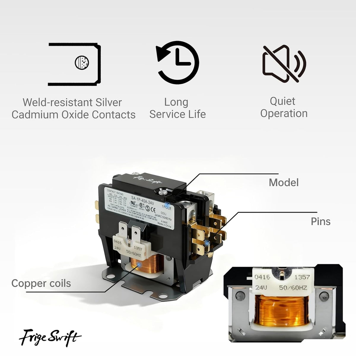 1P 40A 24V AC Contactor, 50/60Hz, Suitable for Compressors/Air Conditioning