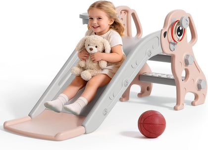 Toddler Slide, 4 in 1 Kids Slide for Indoor Outdoor, Slide with Basketball Hoop & Ring Toss, Puppy Shaped Playset for