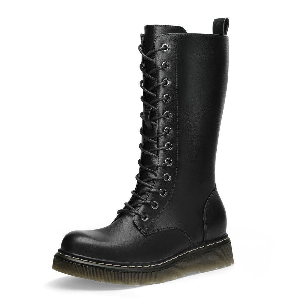 Women's Combat Boots Lace Up Mid Calf Black Boots with Side Zip