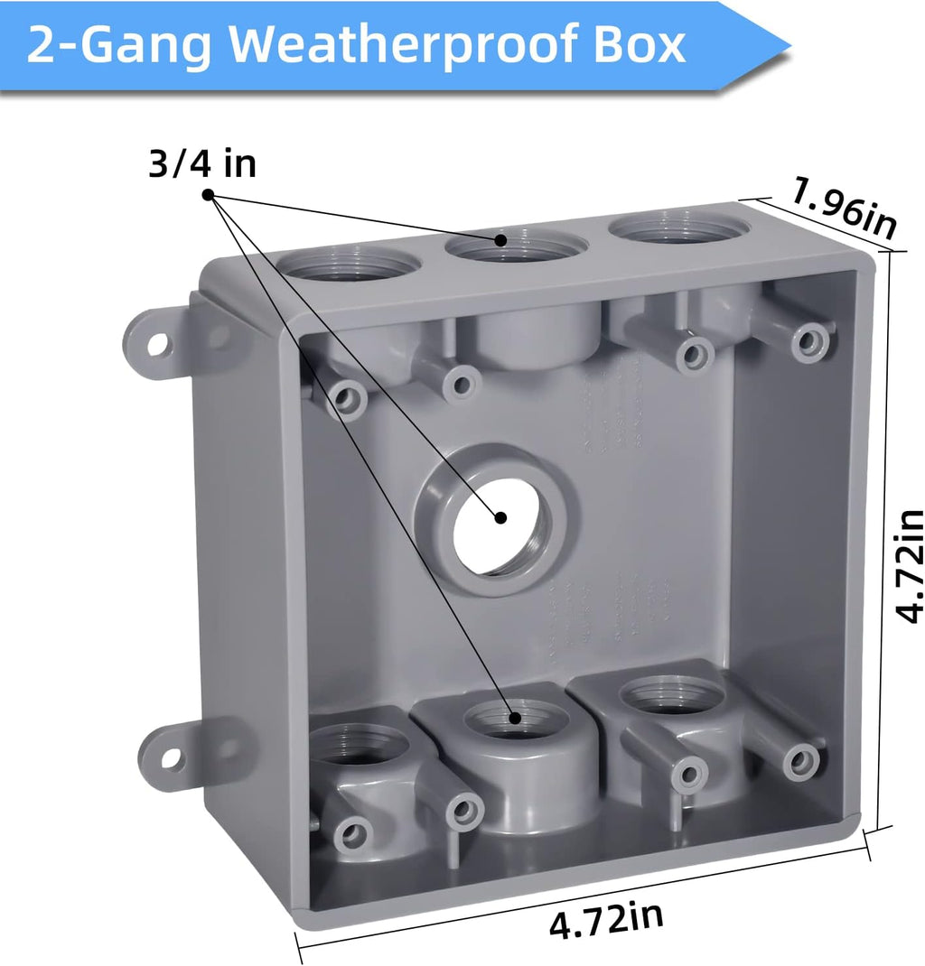 Two Gang Electrical Box, Suitable 1/2-Inch or 3/4-Inch Electrical Conduit Weatherproof Outdoor Switch Outlet Box, UL