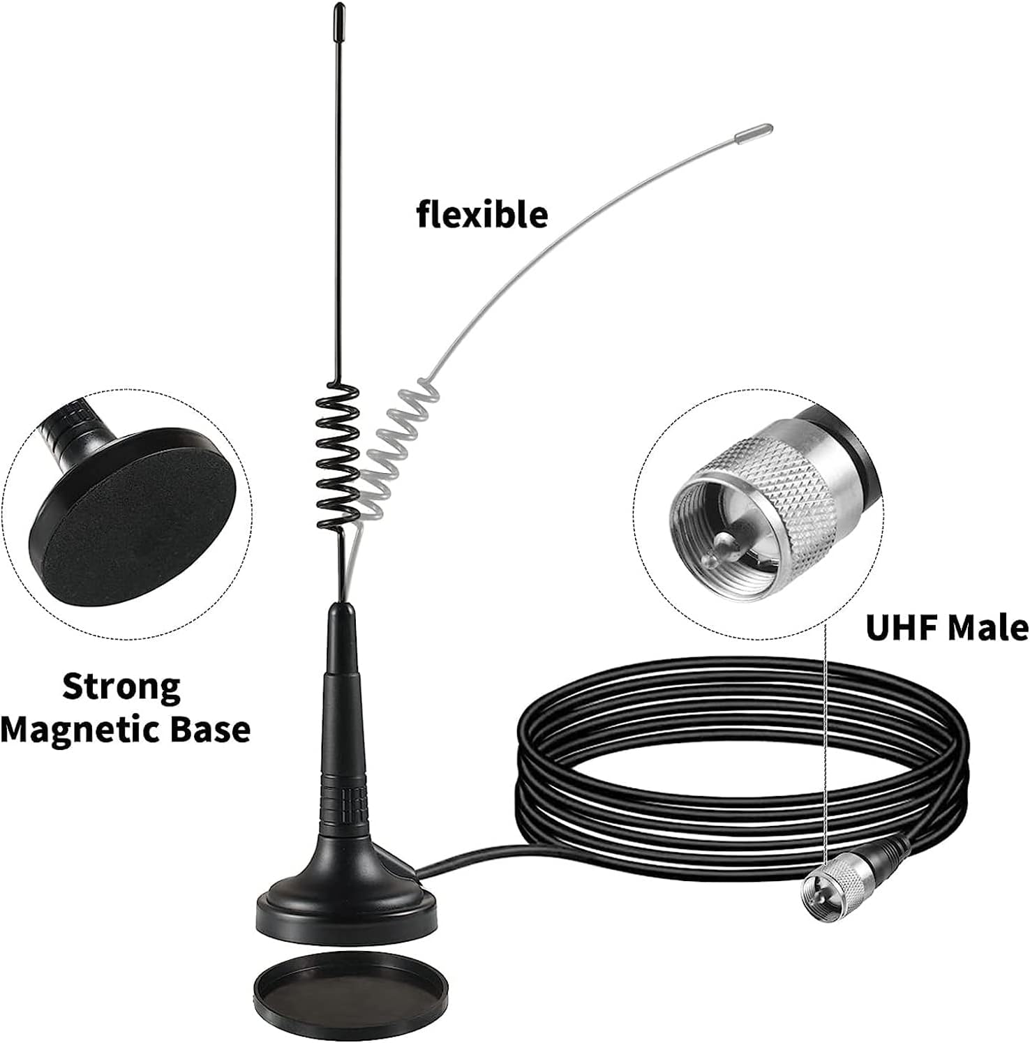 CB Antenna 27MHz Handheld CB Radio Antenna PL259 & BNC Male Magnetic Mount Compatible with Cobra Midland Uniden Maxon
