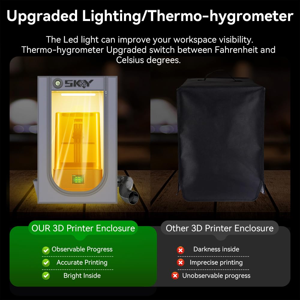 Resin 3D Printer Enclosure Cover Tent with Ventilation, LED Light, Thermo-Hygrometer, Odor Elimination 24 x 18 x 18
