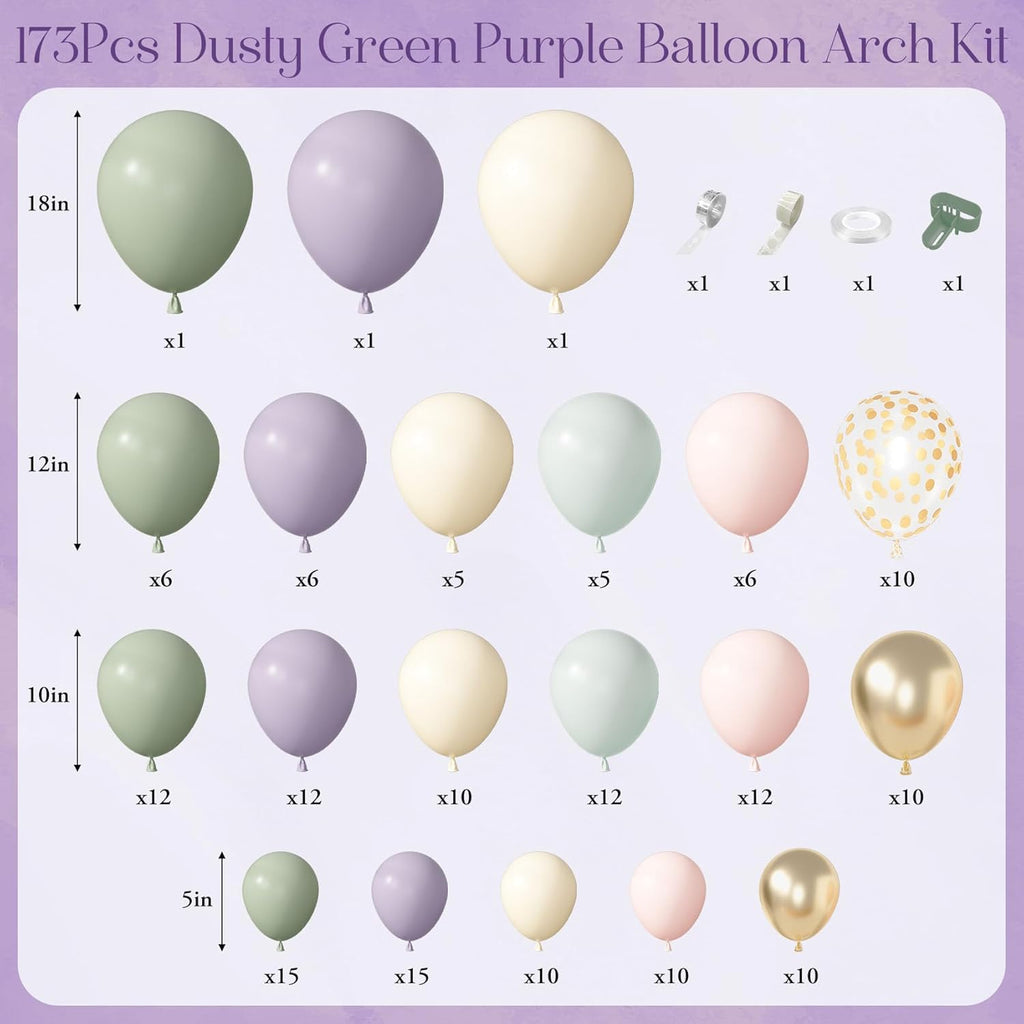 173Pcs Dusty Green Purple Pink Balloon Arch Garland Kit, Lavender Pastel Blush Pink Yellow Mist Green Gold Confetti
