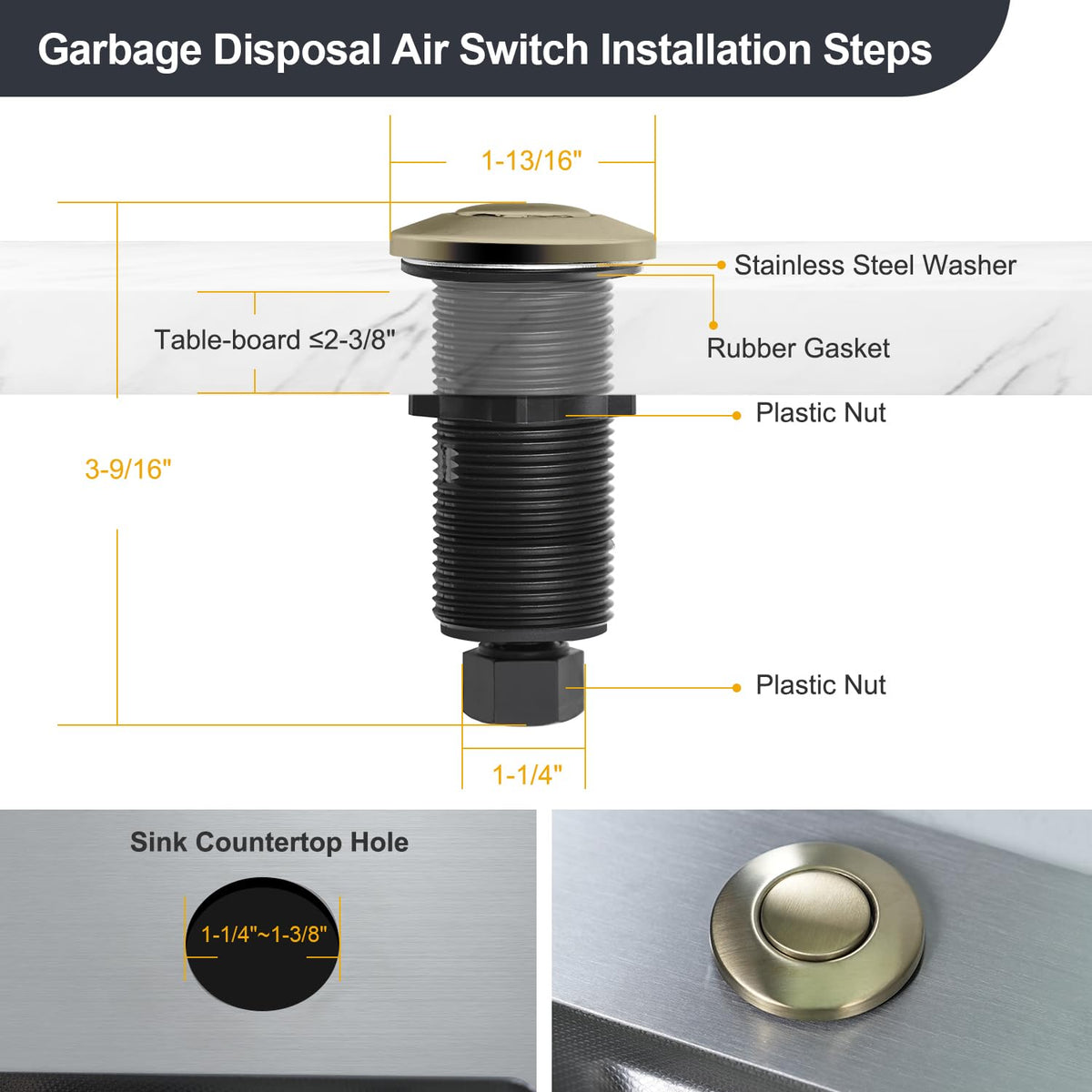 Garbage Disposal Air Switch Kit, Sink Button Food Waste Disposals Part On/Off Air Button Stainless Steel (Golden Brass Brushed, LONG/3.6")
