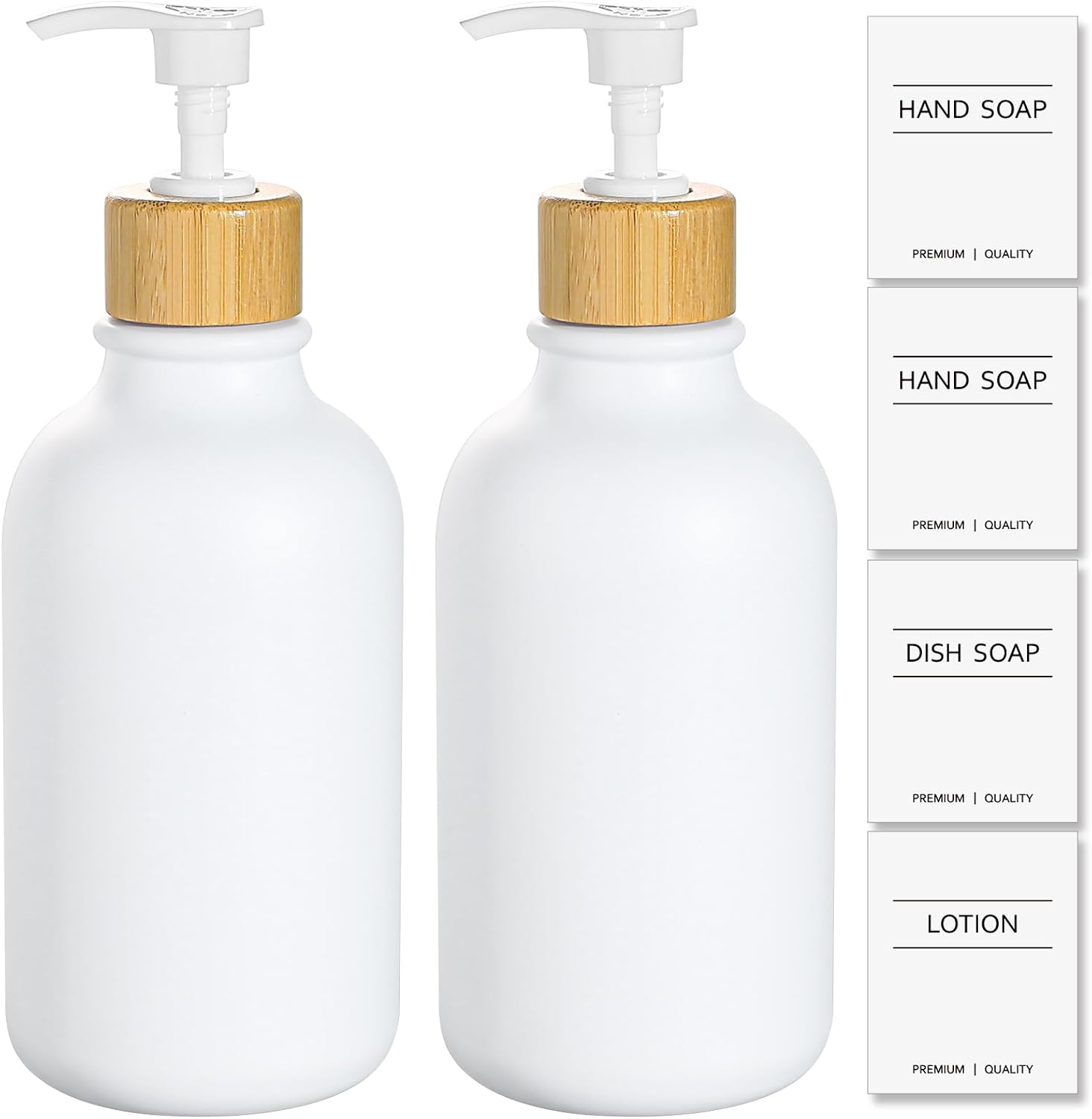 White Soap Dispenser, 2 Pack Plastic Bathroom Hand Soap and Lotion Dispenser Set with Bamboo Pump, 17 Fl Oz Hand and