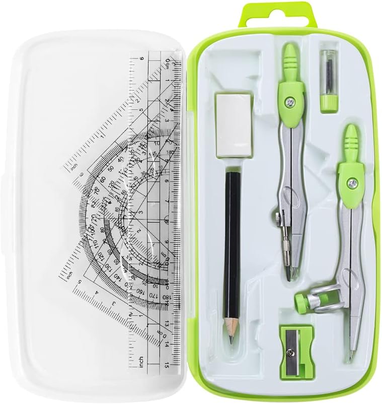Math Geometry Set 10 Pcs, Compass and Protractor for Students(Green) | Shatterproof Storage