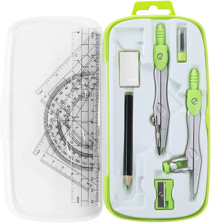 Math Geometry Set 10 Pcs, Compass and Protractor for Students(Green) | Shatterproof Storage