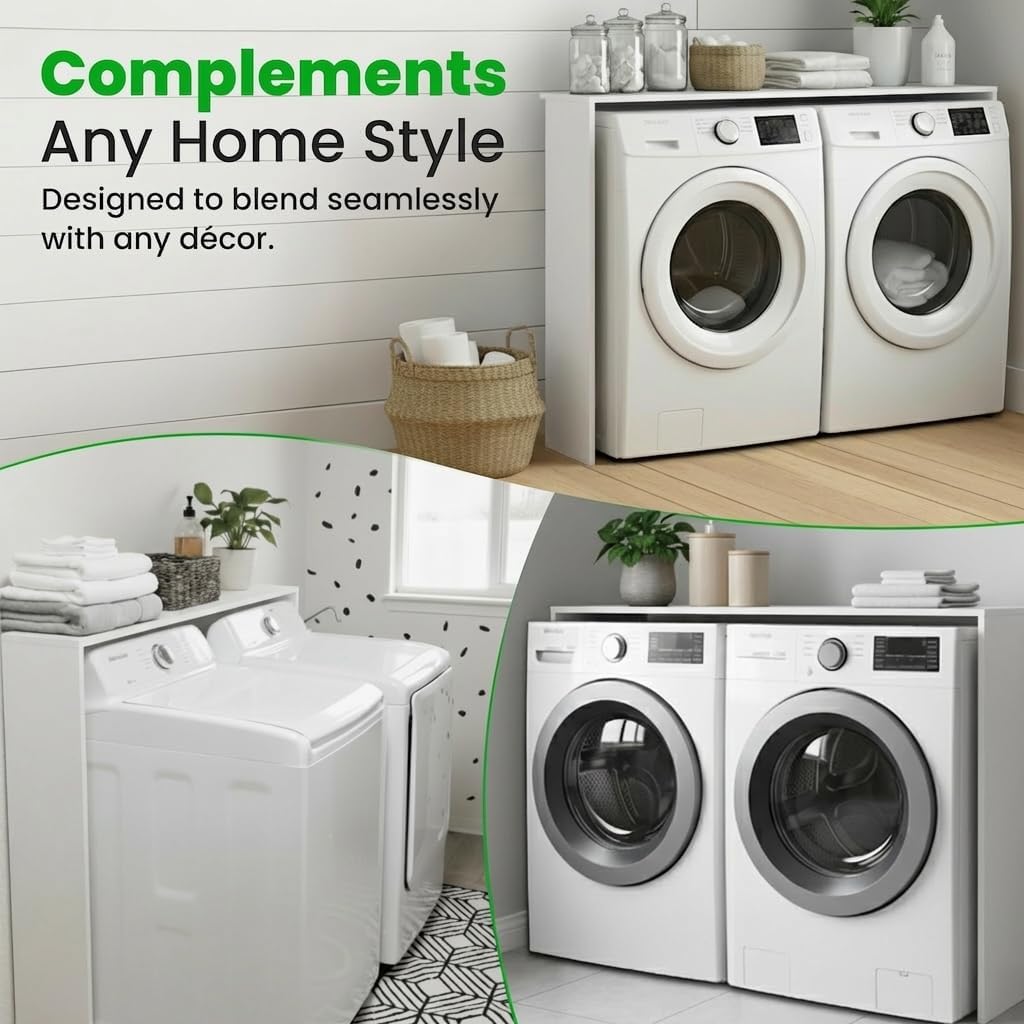 Over the Washer and Dryer Storage Shelf, Laundry Shelf, White | Engineered Wood, Laundry Room Organizer with Side