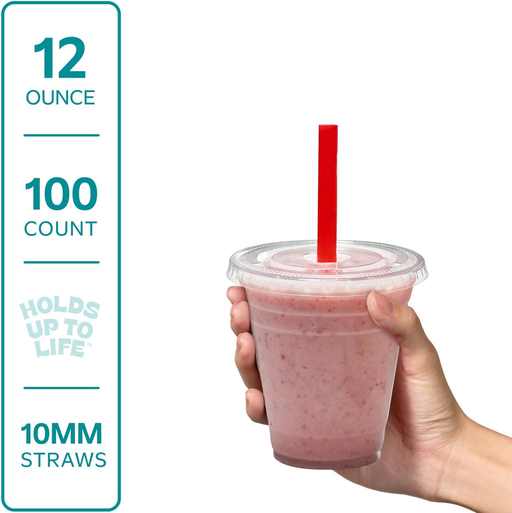 [12 oz. - 100 Count Clear Cups with Flat Lids & Straws - Disposable Clear Drinking Cups for Iced Coffee, Cold Drinks