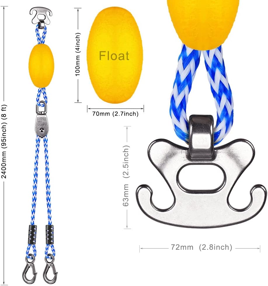 Boat Tow Harness for Tubing, Self Centering Design | Heavy Duty Floating Rope, Stainless Steel Hooks and Pulley