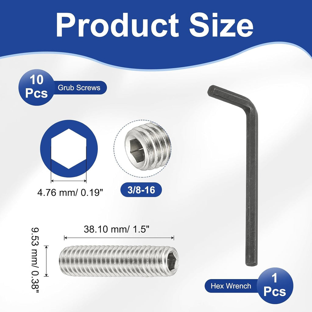 PATIKIL 3/8-16x1-1/2 Hex Socket Grub Screws, 10 Pcs Cup Point Set Screw with Wrench