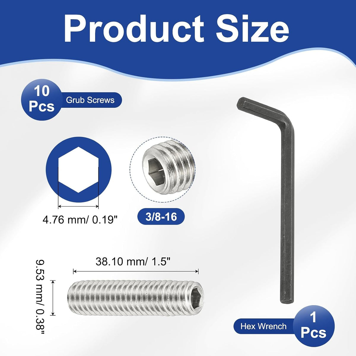 PATIKIL 3/8-16x1-1/2 Hex Socket Grub Screws, 10 Pcs Cup Point Set Screw with Wrench