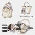 Genuine Leather Bucket Bag, Top-Handle Satchel Handbag with Lock