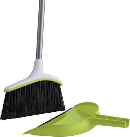 Basics 2-Piece Angled Broom and Dustpan Set, 44" Angled Broom with Long Handle and Dustpan, Silver/Green