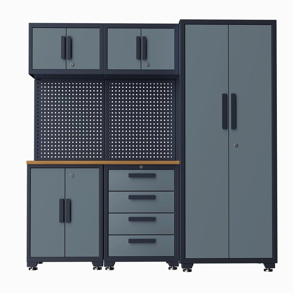 6-Pack Garage Storage Cabinet System with Workbench and Pegboard