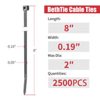 BethTie 8 Inch Black Zip Ties 2500 Pcs, 65 LBS UV Resistant Cable Ties