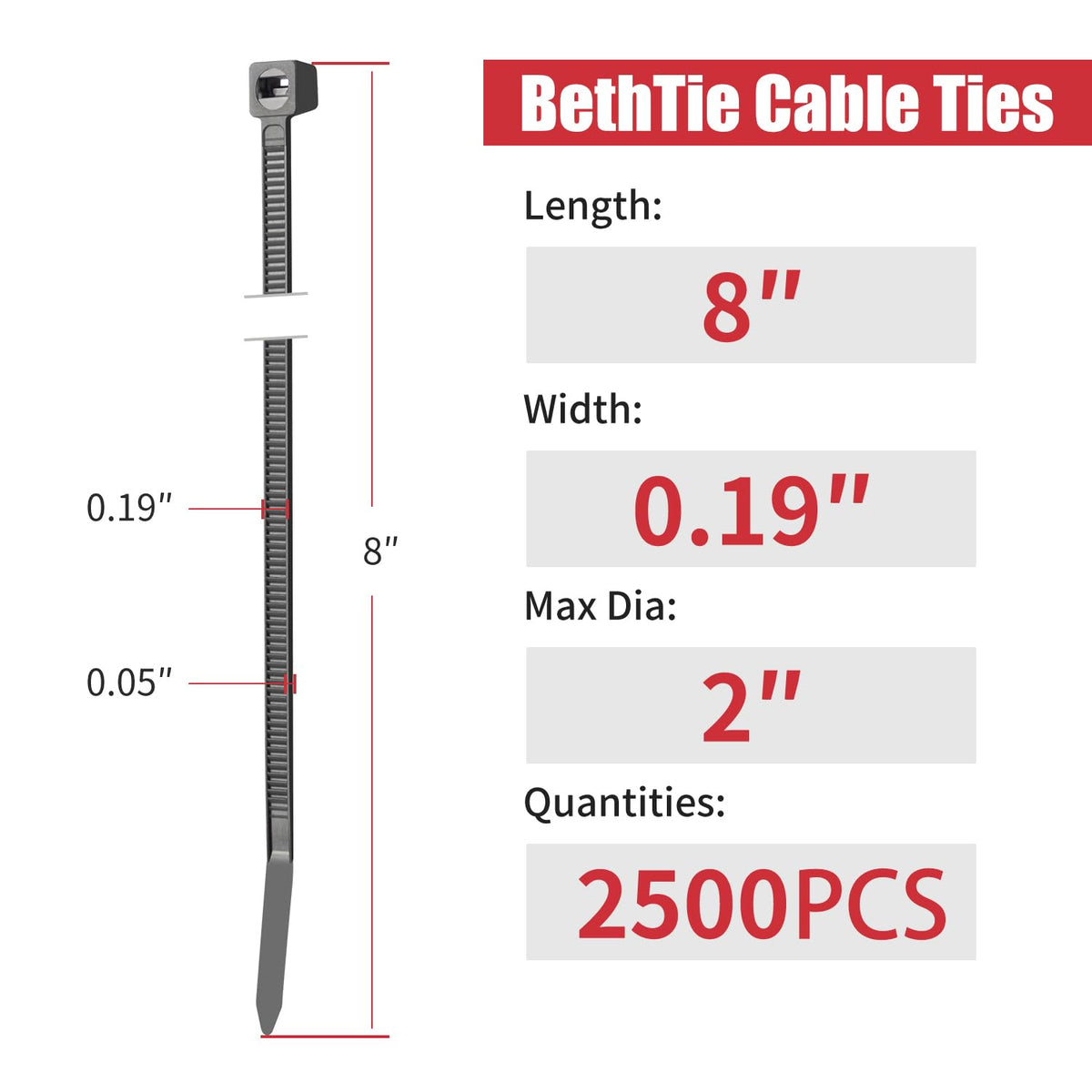 BethTie 8 Inch Black Zip Ties 2500 Pcs, 65 LBS UV Resistant Cable Ties