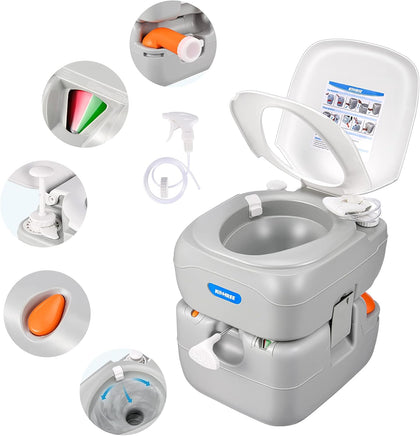 Portable RV Toilet, Large Camping Toilet Porta Potty, 5.8 Gallon | Detachable Waste Tank, Leak-Proof Toilet with